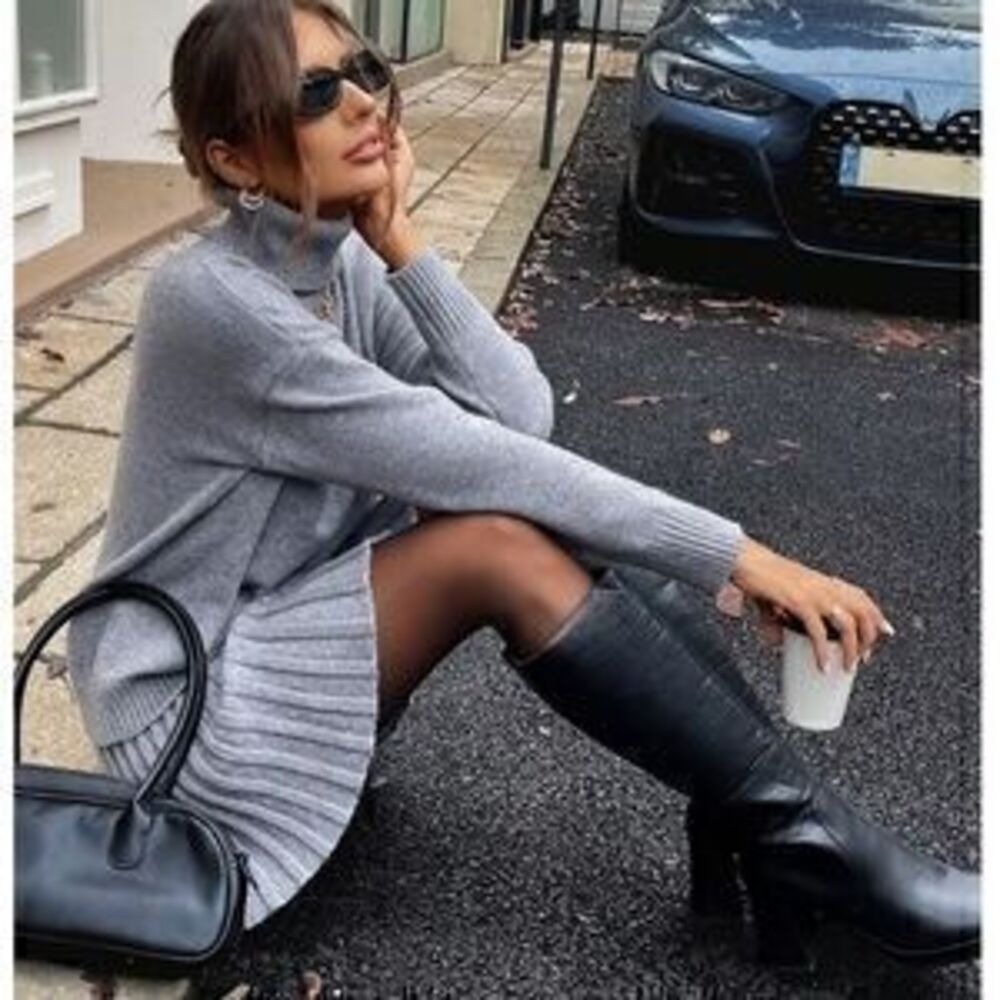 Grey Knit 2 Piece Set Turtleneck Sweater And Pleated Mini Skirt